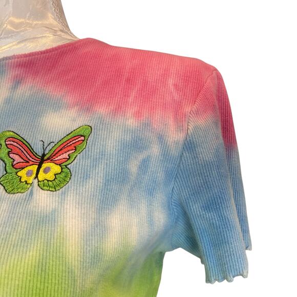 Vintage Y2K Pink Blue Rainbow Tie Dye Butterfly Embroidered Baby T shirt Sz - Picture 10 of 16